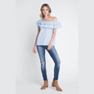 Women's Striped Off Shoulder Ruffle Stripe Blouse - VacationGrabs