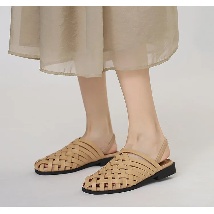 Women's tan woven sandals, comfortable for summer outings