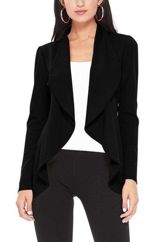 Moa Collection Women's Waist Length Blazer in Black with Open Front Design and Long Sleeves