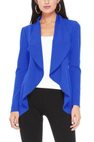 Moa Collection women's waist length blazer in vibrant blue with open front design and stylish drape