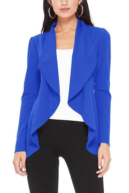 Moa Collection women's waist length blazer in vibrant blue with open front design and stylish drape