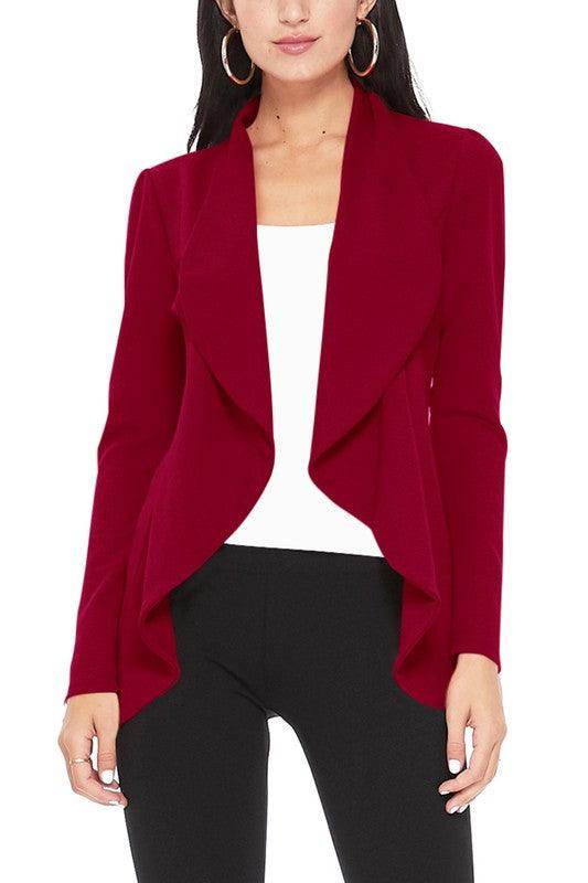 Moa Collection women waist length blazer in vibrant red with a draped open front design