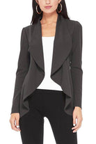 Moa Collection women's waist length blazer in dark gray with flowing front design for a modern look