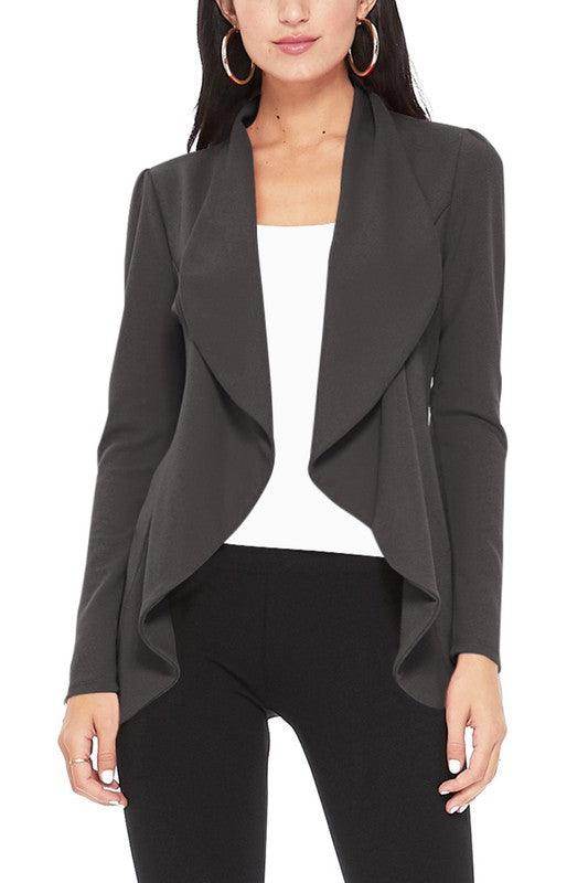 Moa Collection women's waist length blazer in dark gray with flowing front design for a modern look