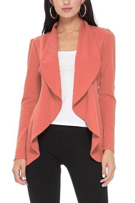 Moa Collection women waist length blazer in coral color with a flowing, open front design
