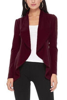 Moa Collection women's waist length blazer in burgundy with stylish open front design