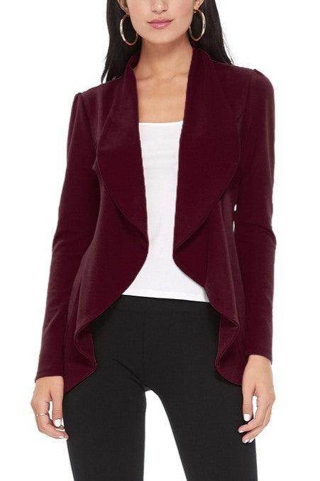 Moa Collection women's waist length blazer in burgundy with stylish open front design