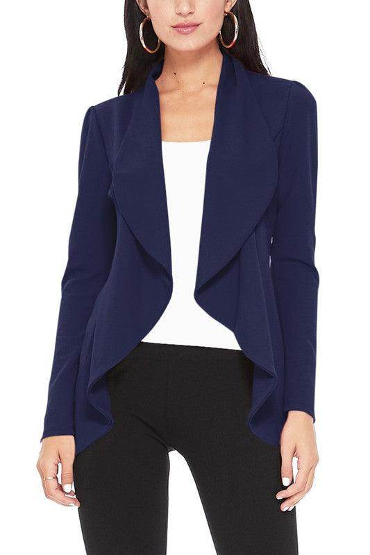 Moa Collection women's waist length blazer in navy with a stylish open front design