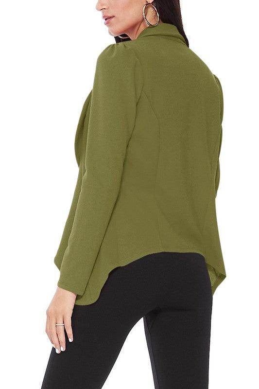 Moa Collection women's waist length blazer in olive green with a stylish design and relaxed fit