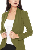 Moa Collection solid color women's blazer in olive green, perfect for stylish layering