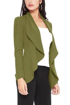 Moa Collection women's waist length blazer in olive green with an open front and stylish drape