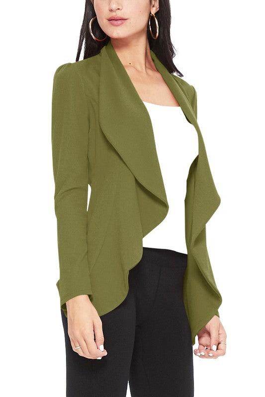 Moa Collection women's waist length blazer in olive green with an open front and stylish drape