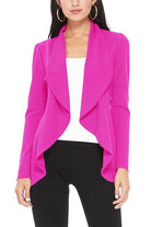 Moa Collection women's waist length blazer in vibrant pink with an open front design and long sleeves