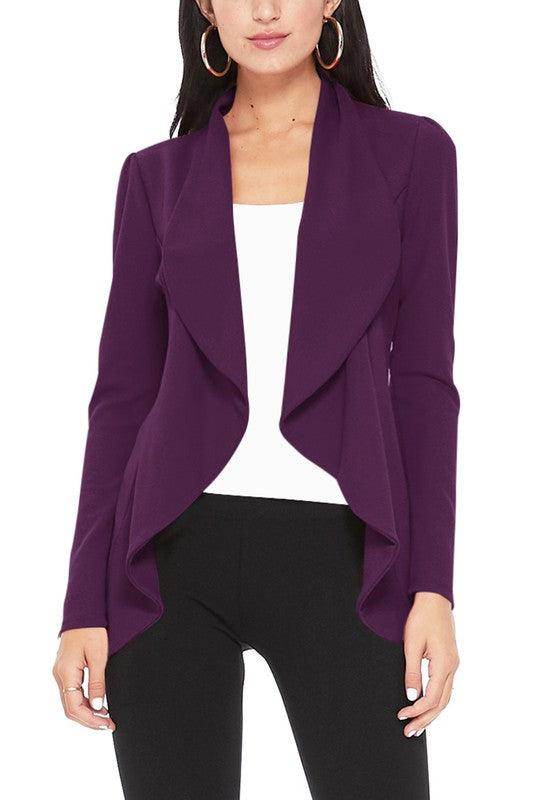 Moa Collection women's waist length blazer in purple with stylish draped front design
