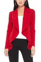 Moa Collection Women's Waist Length Blazer in Red with Open Front Design and Flowy Silhouette