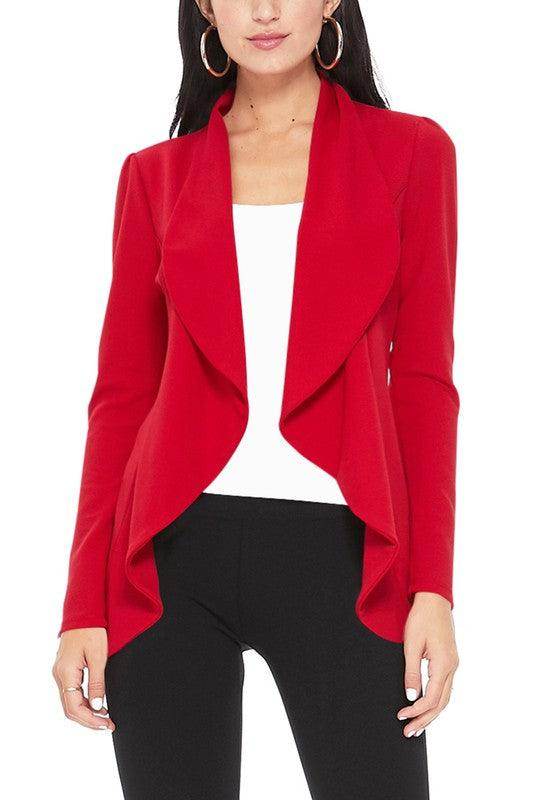 Moa Collection Women's Waist Length Blazer in Red with Open Front Design and Flowy Silhouette