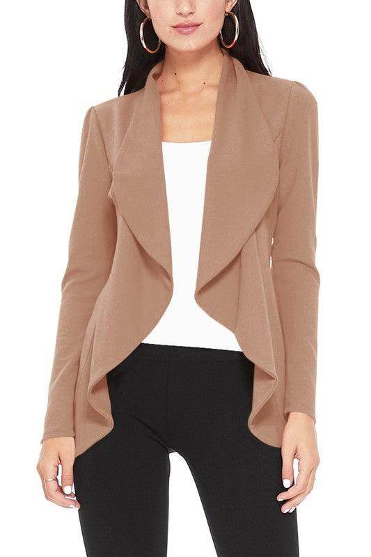 Moa Collection women's waist length blazer in tan with draped front design for a stylish look