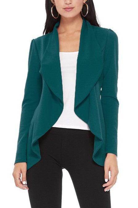 Moa Collection women waist length blazer in teal with an open front design for a chic look