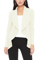 Moa Collection women's waist length blazer in cream with open front design and long sleeves