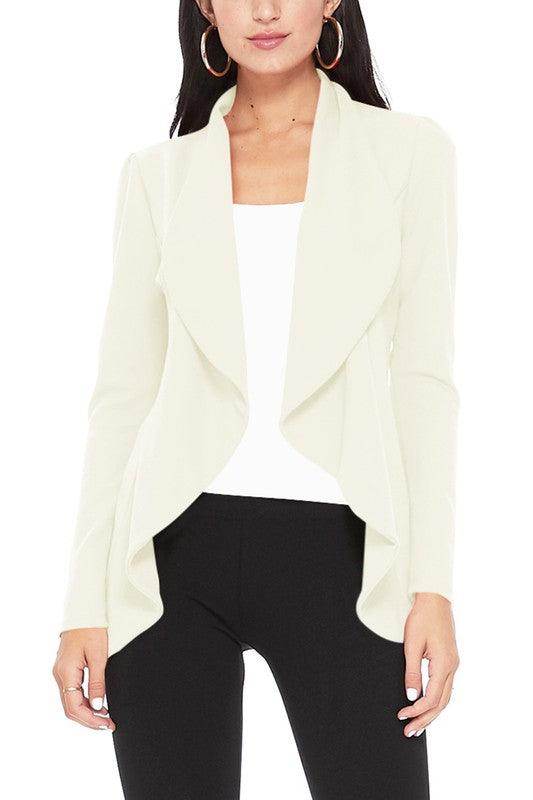 Moa Collection women's waist length blazer in cream with open front design and long sleeves