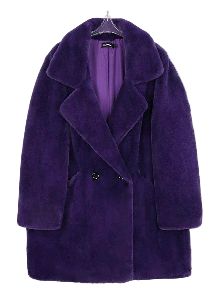 Warm winter coat for women in purple with large lapels and double-breasted design by VacationGrabs