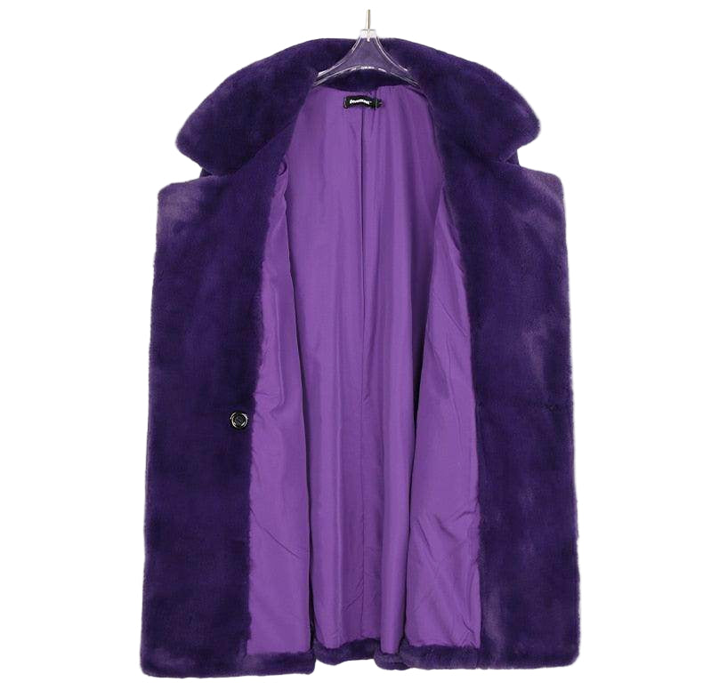 Purple warm winter coat for women with a plush texture and spacious inner lining