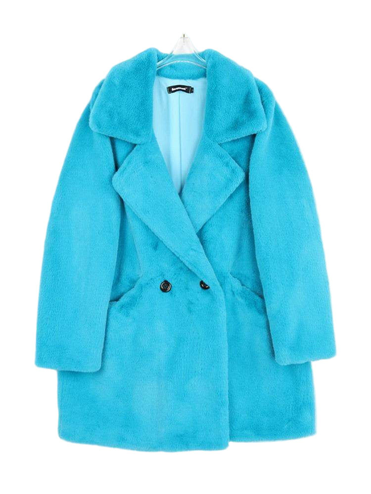 Fuzzy Aqua Blue Warm Winter Coat for Women with Double-Breasted Buttons and Soft Fabric