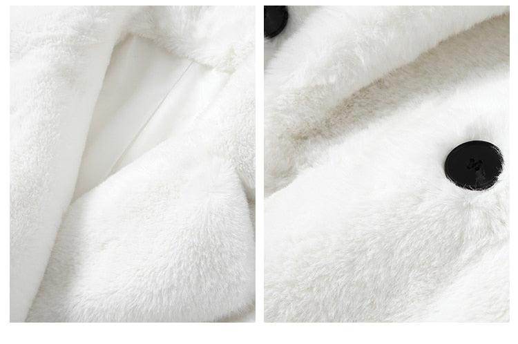 Cozy white warm winter coat for women with plush texture and stylish buttons