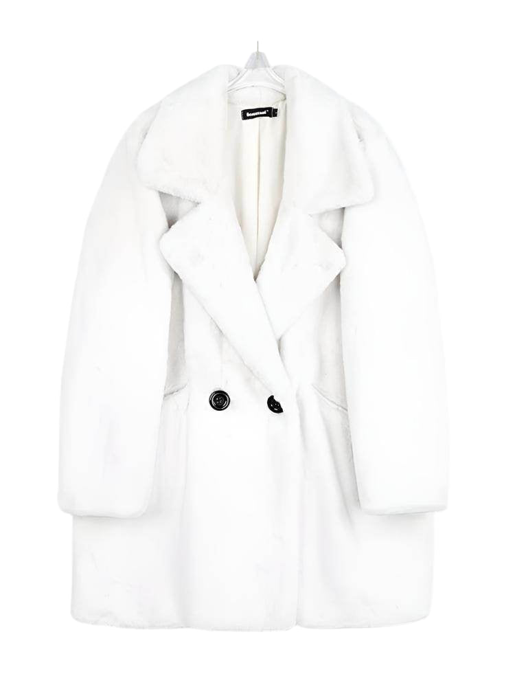 Cozy white warm winter coat for women featuring a double-breasted design and stylish lapel collar