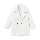 Cozy white furry warm winter coat for women with double-breasted buttons and a relaxed fit