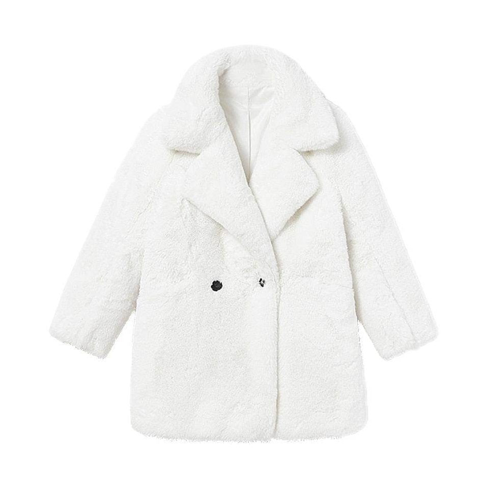 Cozy white furry warm winter coat for women with double-breasted buttons and a relaxed fit