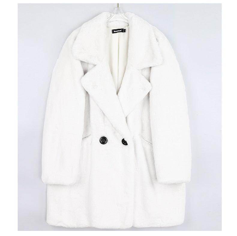 Cozy white warm winter coat for women with a double-breasted design and oversized collar