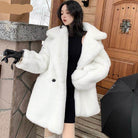 Stylish white warm winter coat for women with oversized collar and plush texture for cozy comfort