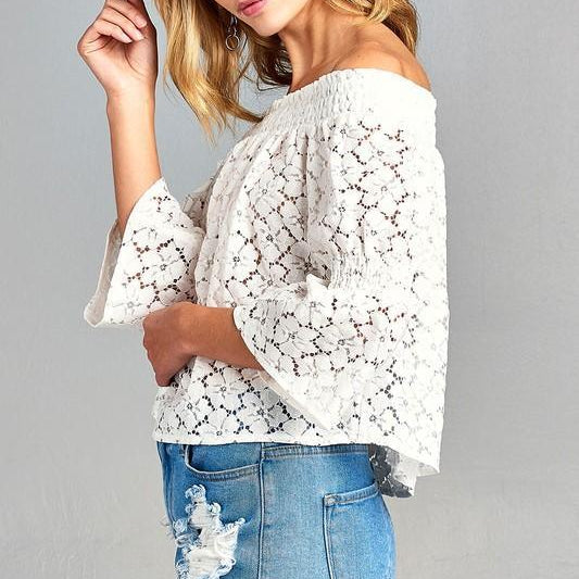 Women's Shirts Womens 3/4 In Long Sleeve Off Shoulder Floral Lace Top