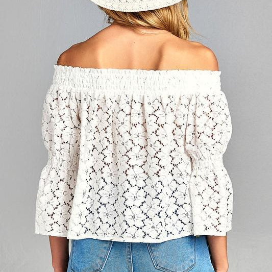 Women's Shirts Womens 3/4 In Long Sleeve Off Shoulder Floral Lace Top