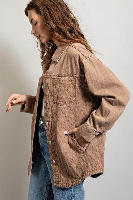 Womens Camel Quilted Button Down Jacket - VacationGrabs