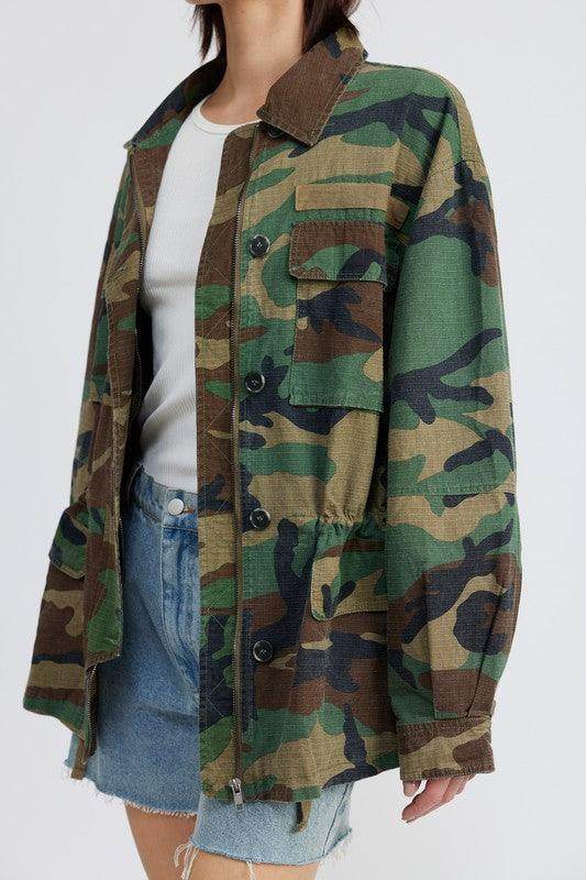 Womens Camo Oversized Zipper Front Jacket - VacationGrabs