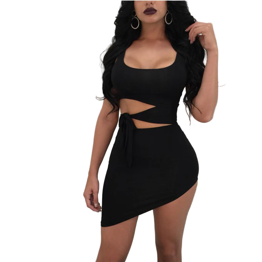 Black asymmetrical womens club dresses night out with cutout waist and tie detail