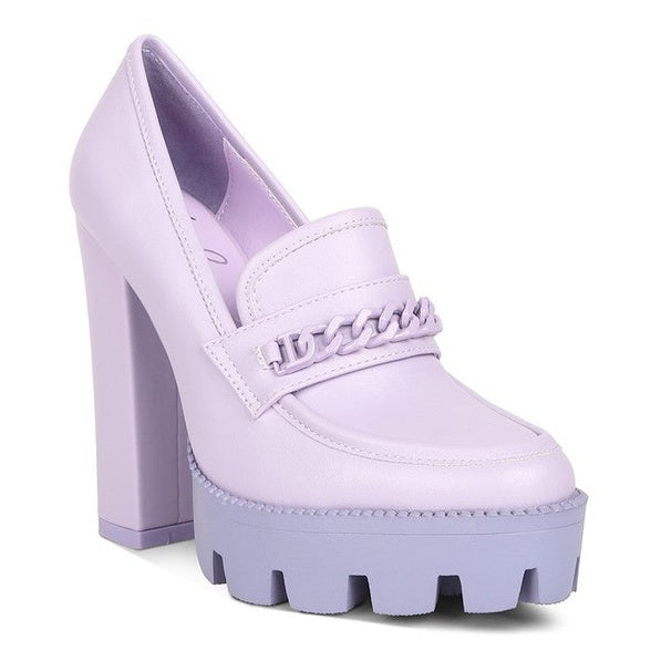 Rag Company womens colorful platform loafers in pastel purple with chunky heel and chain detail