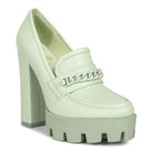 Rag Company womens colorful platform loafers in pastel green with chunky high heels and chain detail