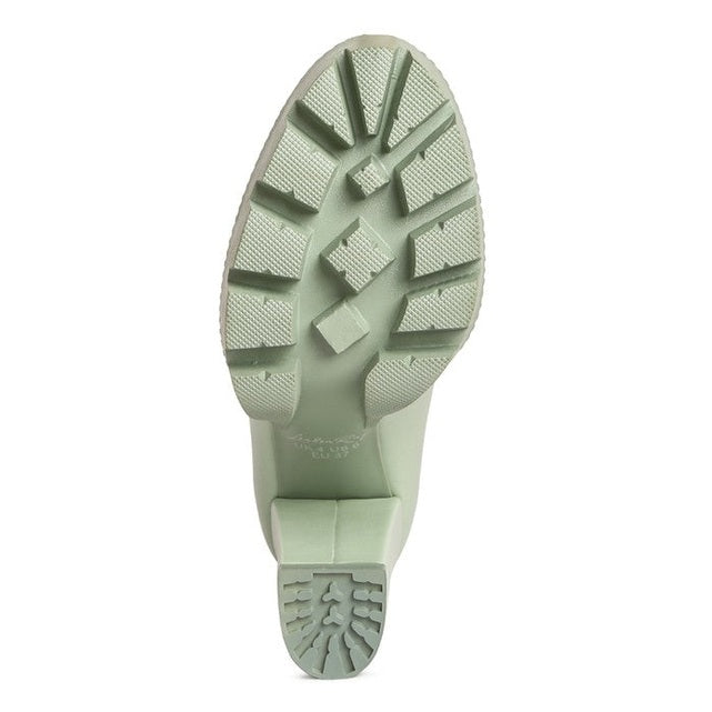 Bottom sole view of womens colorful platform loafers by Rag Company showing tread pattern
