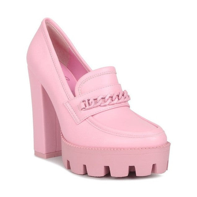 Rag Company womens colorful platform loafers in pink with chunky high heels and chain detail