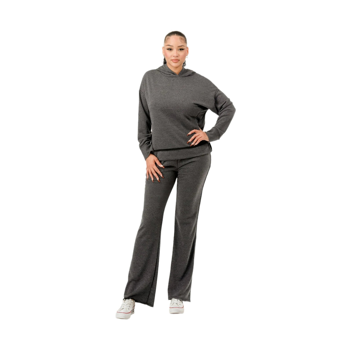 VacationGrabs womens comfy travel tracksuit in dark gray with hoodie and wide-leg pants