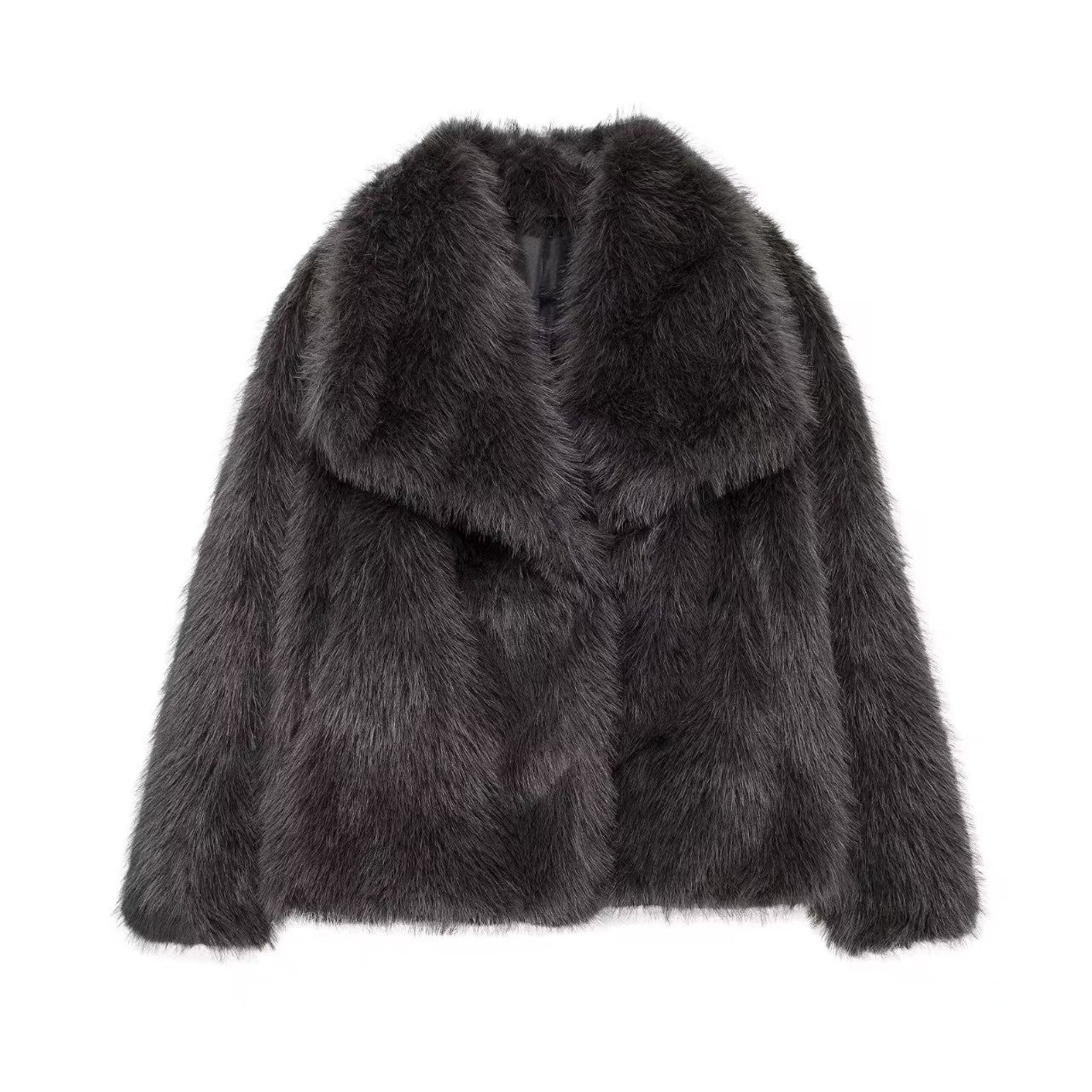 Stylish women's faux fur coat in dark gray with a plush collar for luxurious warmth