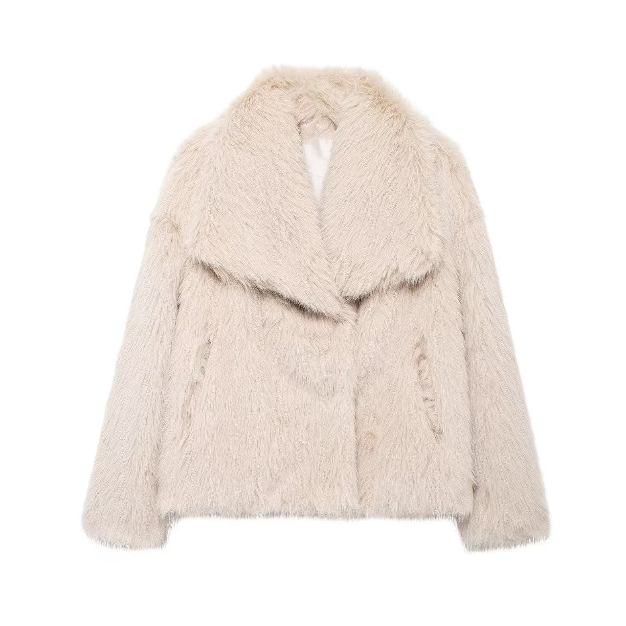 Elegant women's faux fur coat in soft beige for stylish warmth and comfort during winter