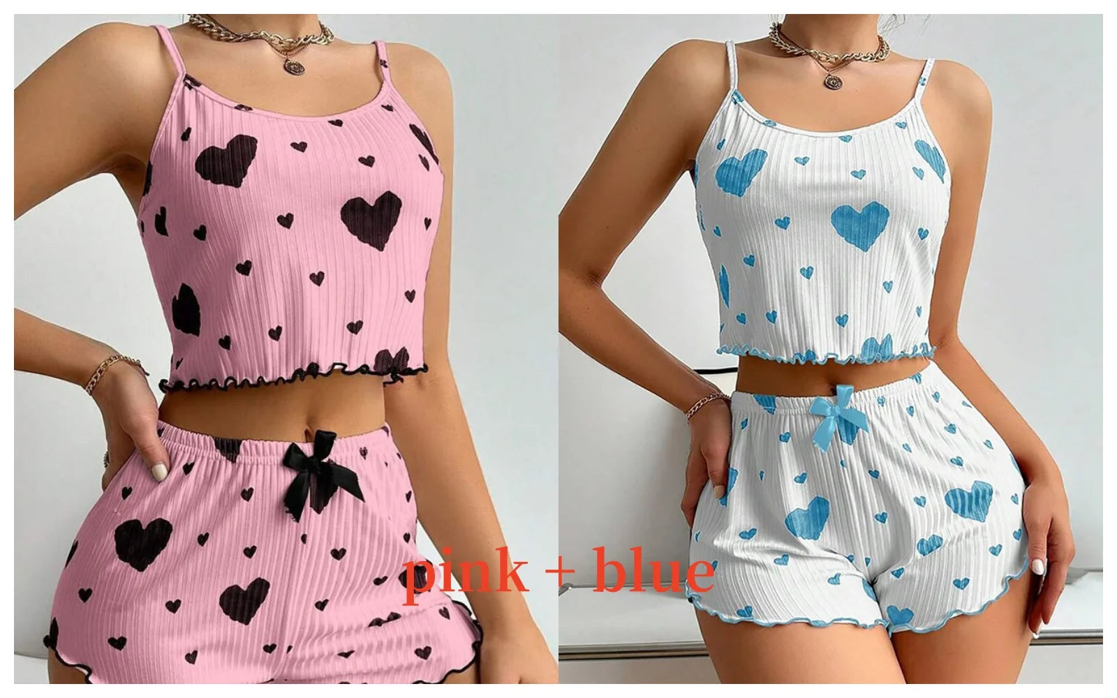 Women's heart print pajama set in pink and blue, soft fabric, cozy sleepwear