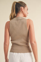 Aemi + Co women's henley tank top in beige with ribbed texture and a classic collar design