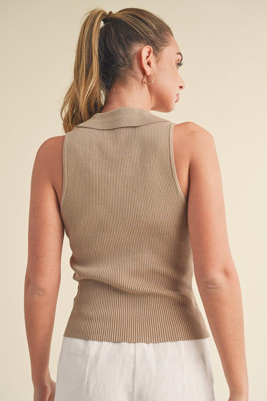 Aemi + Co women's henley tank top in beige with ribbed texture and a classic collar design