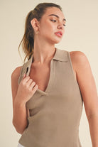 Aemi + Co women's henley tank top in beige with a stylish collar and ribbed texture