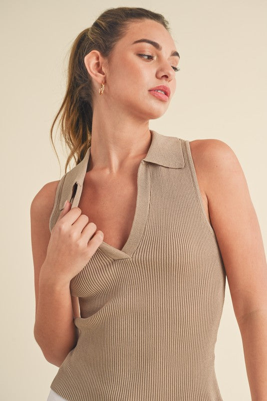 Aemi + Co women's henley tank top in beige with a stylish collar and ribbed texture